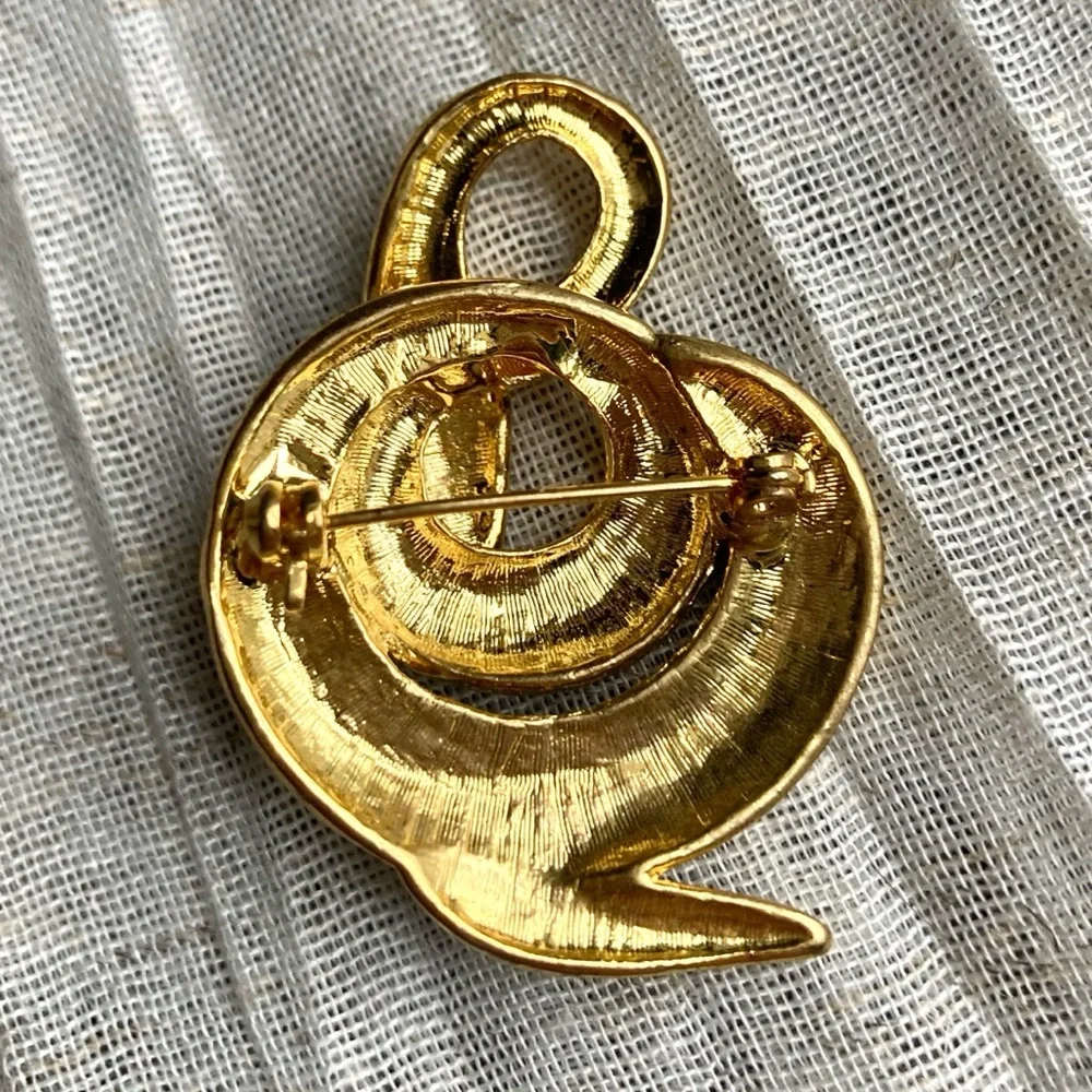Enamel Diamond-Backed Snake Brooch Goldtone